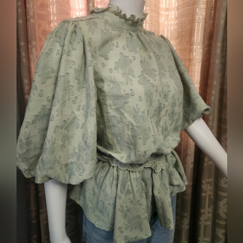 On Twelfth Green Flounce Sleeve ROMANTIC  Eyelet Blouse.